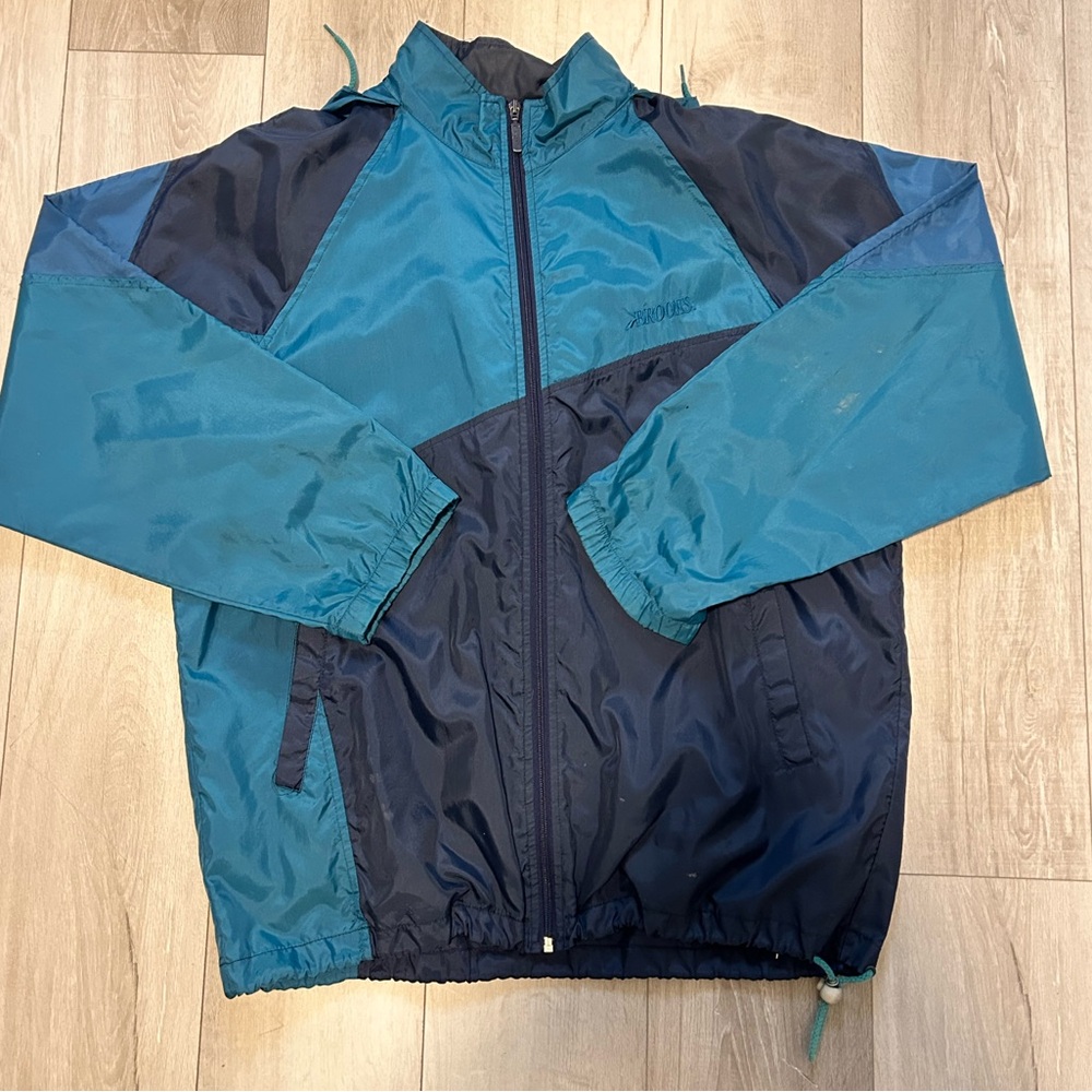 Vintage Large Brooks Teal/Dark Blue Windbreaker With Packable Hood